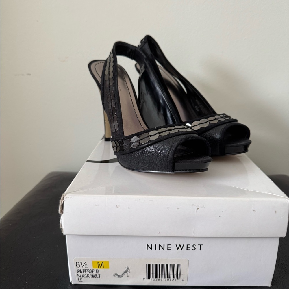 Nine West Black Sequins Peep Toe Heels